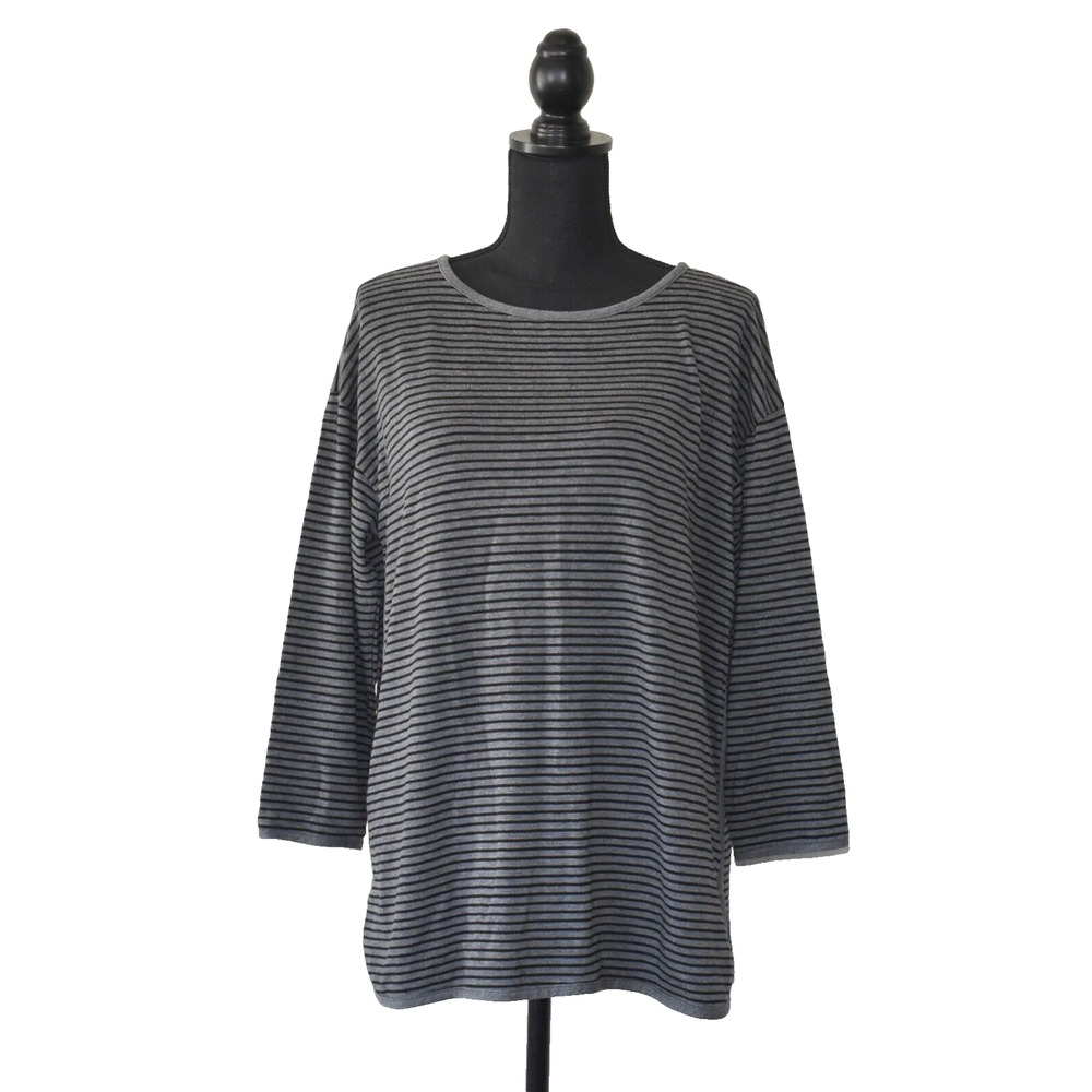 A3 NEW EILEEN FISHER Grey Black Striped Tencel 3/4 Sleeve Petite Sweater Size PM